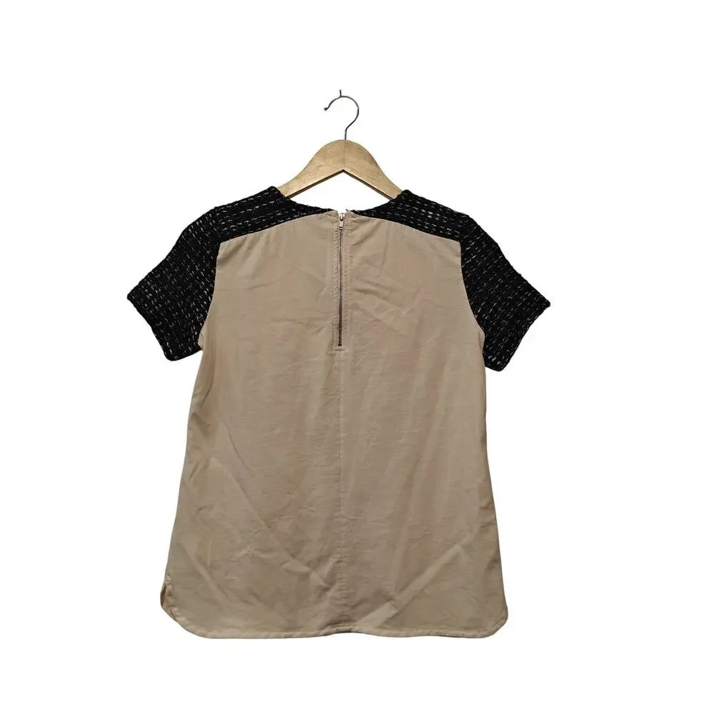 J.Crew Cream Top Black Tweed Short Sleeves Back Zip Blouse XS